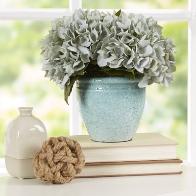 Blue Sea Foam Hydrangea Floral Arrangement in Rustic Pot - Image 0