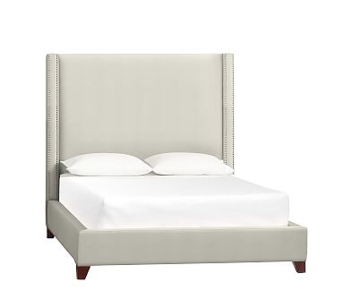 Harper Non-Tufted Upholstered Bed with Bronze Nailheads, Queen, Basketweave Slub Ivory - Image 0