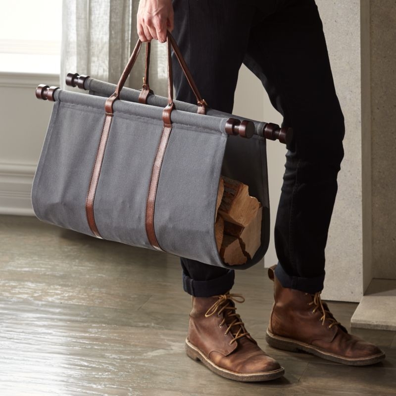Canvas and Leather Log Carrier with Stand - Image 1