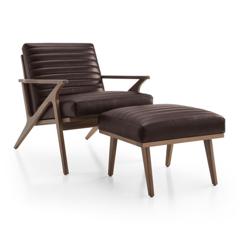 Cavett Channel Leather Walnut Wood Frame Ottoman - Thumbnail 3