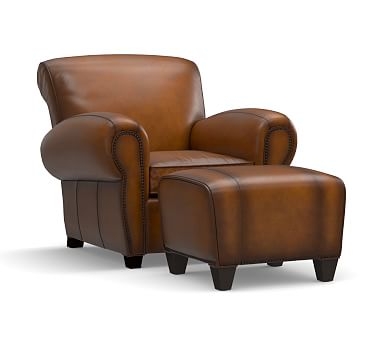 Manhattan Leather Armchair and Ottoman with Bronze Nailheads, Polyester Wrapped Cushions, Burnished Bourbon - Image 0