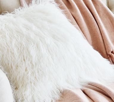 Faux Fur Mongolian Lumbar Pillow Cover, 12 x 24", White - Image 1