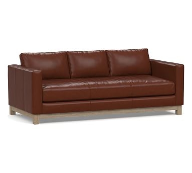 Jake Leather Sofa 85" with Wood Legs, Down Blend Wrapped Cushions, Signature Whiskey - Image 0