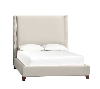 Harper Upholstered Tall Bed with Bronze Nailheads, King, Twill Cream - Image 0