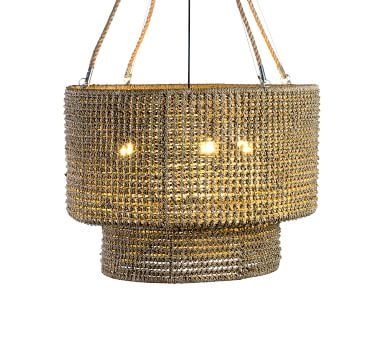 Rattan Double Drum Tiered Pendant, Brown - Image 1