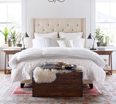 Harper Tufted Upholstered Bed with Pewter Nailheads, King, Tall Headboard65"h, Textured Twill Light Gray - Image 3