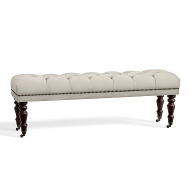 Raleigh Upholstered Queen Bench Tufted Turned Mahogany Leg With Bronze Nailhead, Twill Cream - Image 0