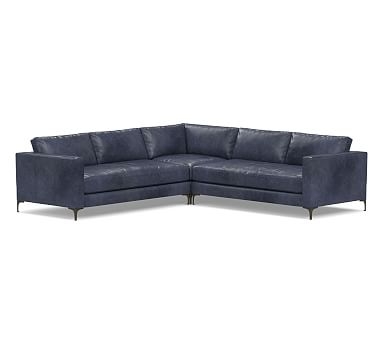 Jake Leather 3-Piece L-Shaped Corner Sectional with Bronze Legs, Down Blend Wrapped Cushions, Statesville Indigo Blue - Image 0