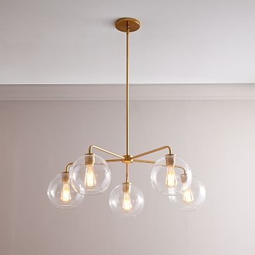 Sculptural Glass 5-Light Round Globe Chandelier, Small, Globe Clear Shade, Brass Canopy - Image 0