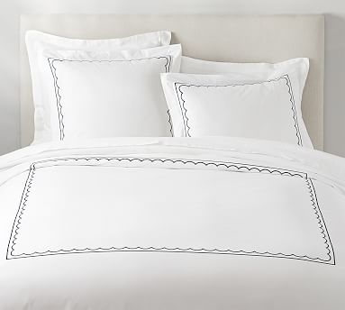 Scallop Border Embroidered Organic Duvet Cover, Twin, Midnight - Image 0