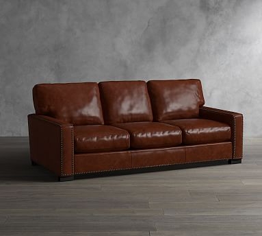 Turner Square Arm Leather Grand Sofa-2-Seater 102.5" with Nailheads, Down Blend Wrapped Cushions, Statesville Molasses - Image 0