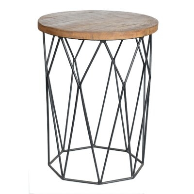 Kinzer Round Mango Wood End Table with Iron Geometric Base, Black and Brown - Image 0