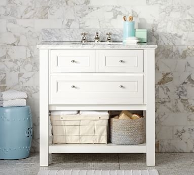 Classic Single Sink Vanity, White, Carrara Marble & Chrome Finish Knobs - Image 0