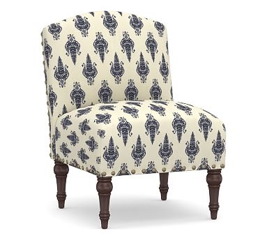 Monroe Upholstered Slipper Chair, Polyester Wrapped Cushions, Chaaya Print Blue - Image 0