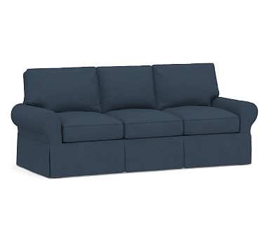 PB Basic Slipcovered Sofa 82", Polyester Wrapped Cushions, Brushed Crossweave Navy - Image 0
