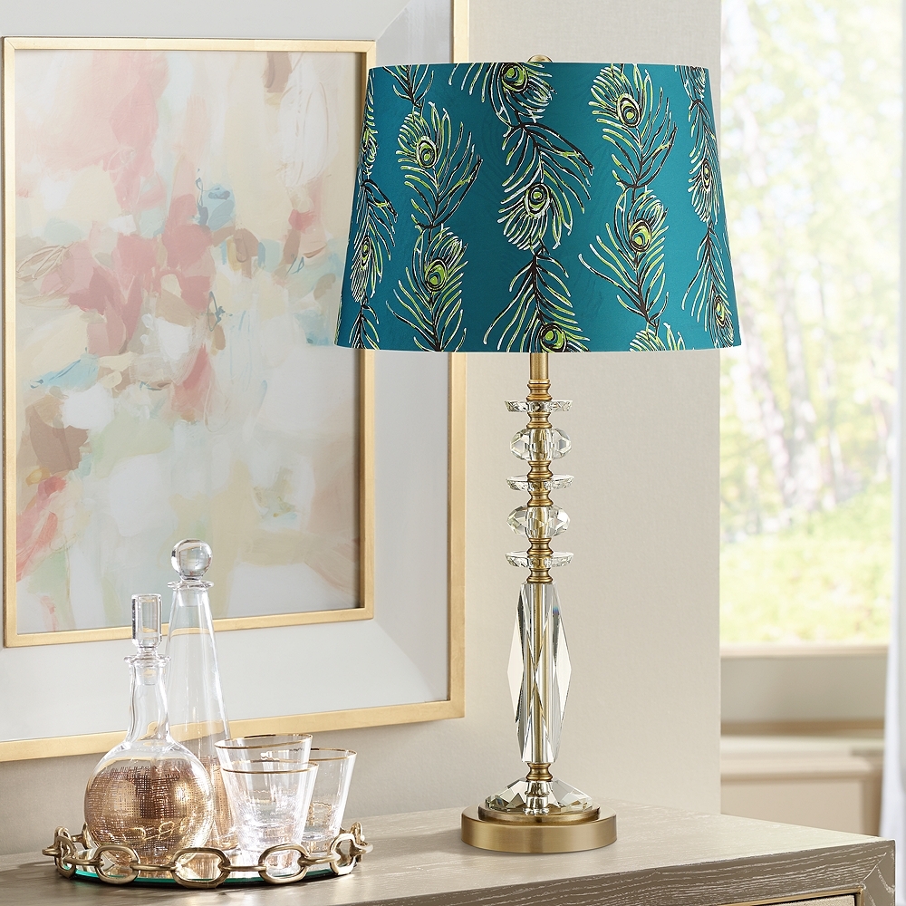 Pavone Crystal Table Lamp with Peacock Feather Print Shade - Style # 63V13 - Image 0