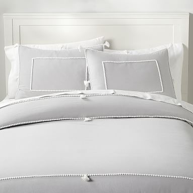 Chambray Tassel Duvet Cover, Twin/Twin XL, Light Gray/White - Image 0