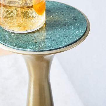 Silhouette Pedestal Drink Table, Green Marble/Antique Brass - Image 1