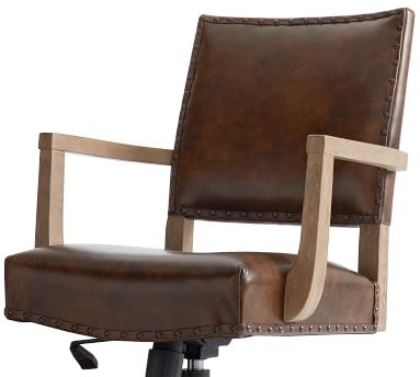 Manchester Leather Swivel Desk Chair, Seadrift Frame, Statesville Molasses - Image 1
