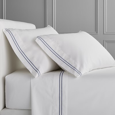 White Hotel Bedding, Cases, Pair, Two-Line, King, Navy - Image 0