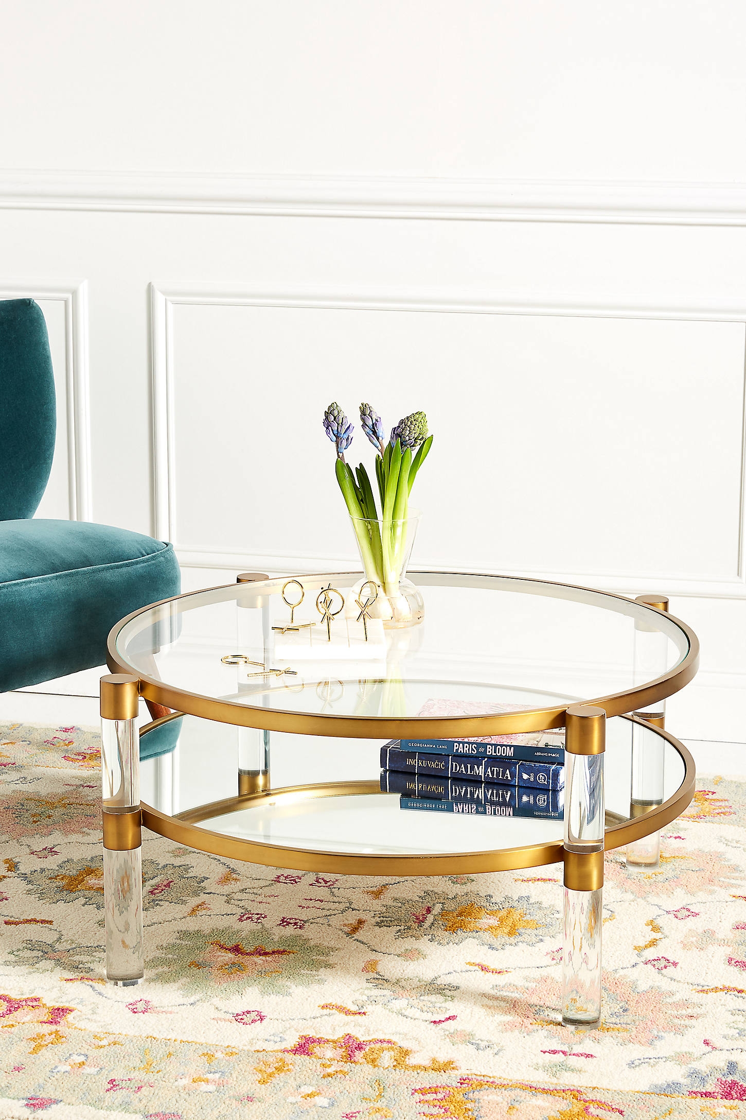 Oscarine Lucite Round Mirrored Coffee Table By Anthropologie in Gold RESTOCK Nov 13, 2023. - Image 0