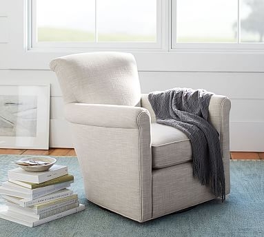 Irving Roll Arm Upholstered Swivel Armchair without Nailheads, Polyester Wrapped Cushions, Sunbrella(R) Performance Boss Herringbone Ecru - Image 3