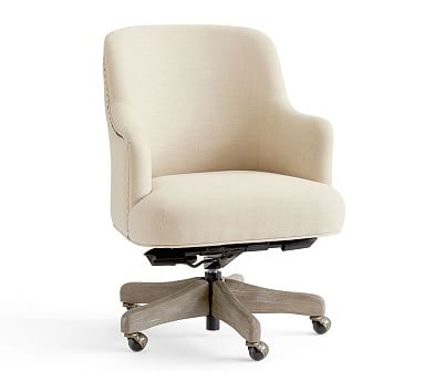 Reeves Upholstered Swivel Desk Chair, Gray Wash Frame, Linen Blend Oatmeal - Image 0