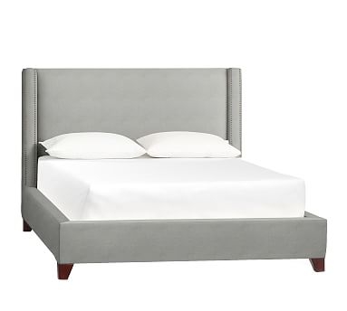 Harper Low Non-Tufted Upholstered Low Bed with Bronze Nailheads, California King, Basketweave Slub Ash - Image 0