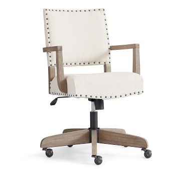 Manchester Upholstered Swivel Desk Chair with Seadrift Base and Antique Brown Nailheads, Basketweave Slub Ivory - Image 3