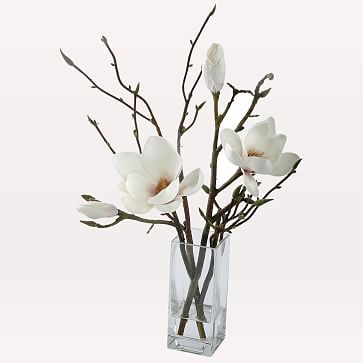 Faux Magnolia in Rectangle Vase, White - Image 0