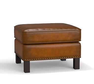 Tyler Leather Ottoman with Nailheads, Polyester Wrapped Cushions, Leather Burnished Bourbon - Image 2