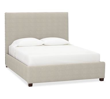Raleigh Upholstered Square Bed with Bronze Nailheads, King, Performance Heathered Tweed Pebble - Image 0