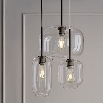 Sculptural Glass 3-Light Round Chandelier, S-M-L Pebble, Clear Shade, Brass Canopy - Image 3