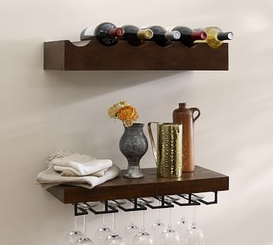 Rustic Wood Entertaining Set, Wine Bottle and Wine Glass Shelves, Mahogany finish - Image 1