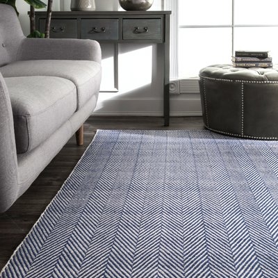 Nathanial Chevron Hand-Loomed Cotton Navy Area Rug - Image 0