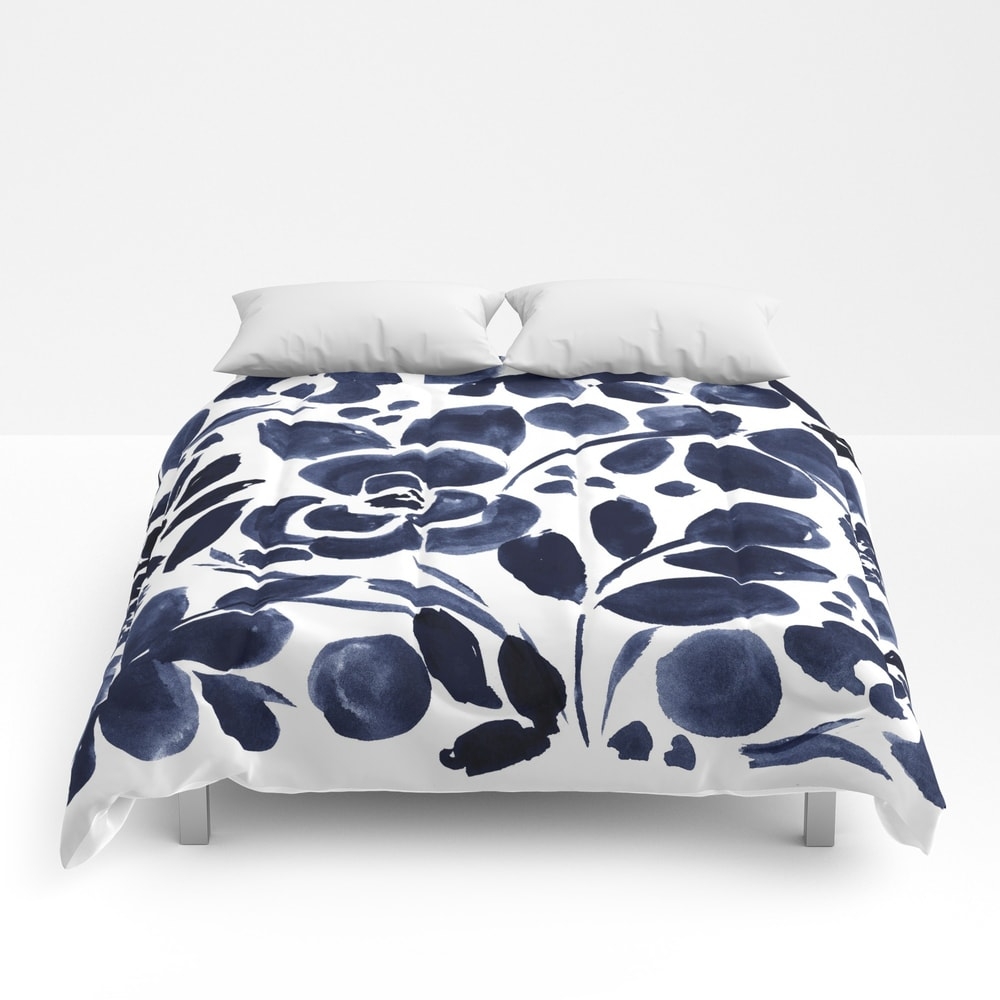 Navy Floral Comforter - King: 104" x 88" by Crystalwalen - Image 0