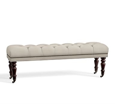 Raleigh Queen Bench Tufted with Turned Mahogany Leg with Pewter Nailhead, Polyester Wrapped Cushion, Sunbrella(R) Performance Sahara Weave Ivory - Image 0