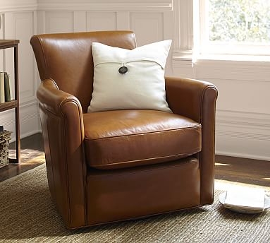 Irving Roll Arm Leather Swivel Armchair, Polyester Wrapped Cushions, Legacy Taupe - Image 0