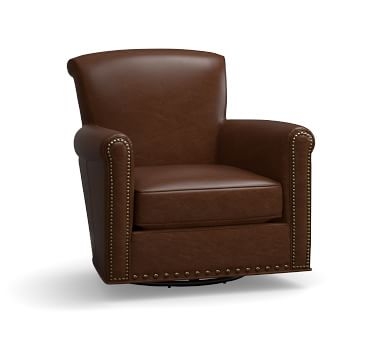 Irving Roll Arm Leather Swivel Armchair, Bronze Nailheads, Polyester Wrapped Cushions, Statesville Toffee - Image 5