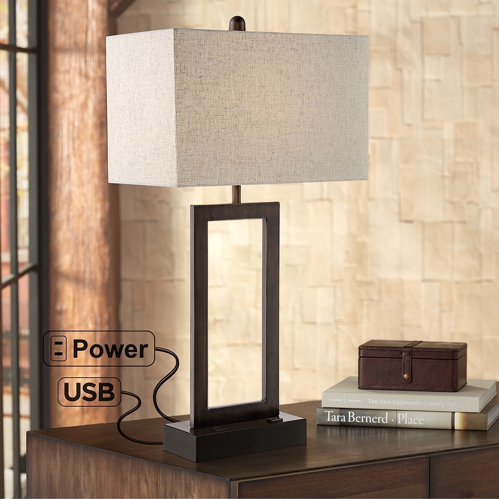 360 Lighting Todd Open Base Bronze Metal USB and Outlet Table Lamp - Image 0