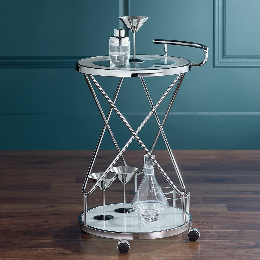 Page 29 1/2" High Glass and Chrome Rolling Serving Bar Cart - Image 0