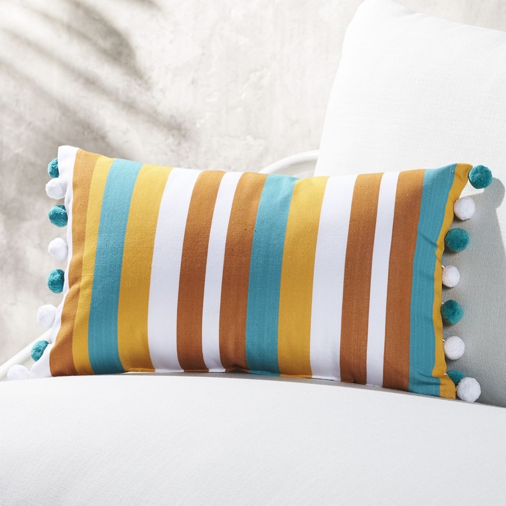 "20""x12"" Striped Teal and Copper Pom Pom Pillow" - Image 0