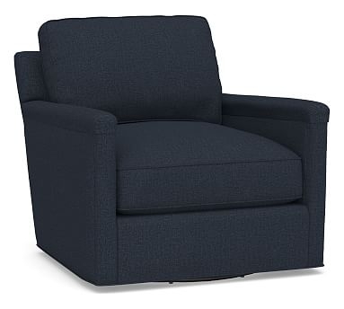Tyler Square Arm Upholstered Swivel Armchair, Down Blend Wrapped Cushions, Performance Brushed Basketweave Indigo - Image 0