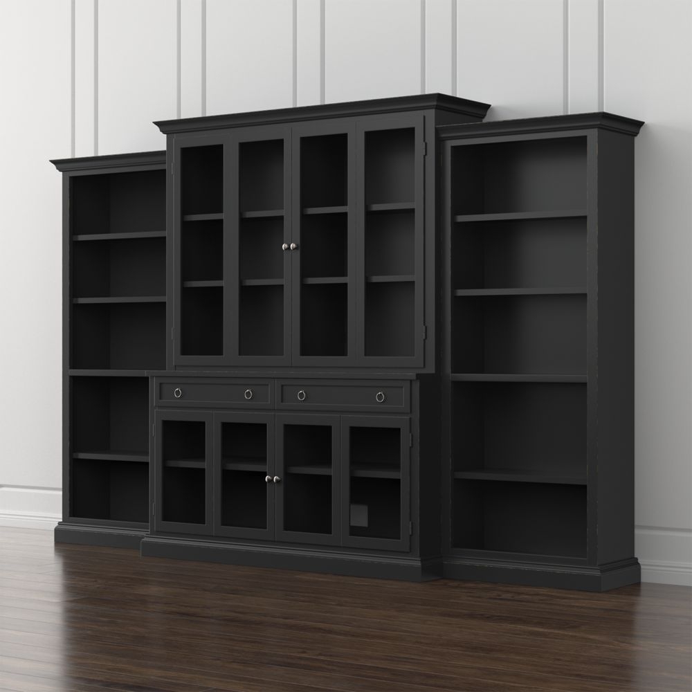 Cameo 4-Piece Modular Bruno Black Glass Door Wall Unit with Open Bookcases - Image 0