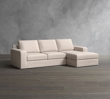 Big Sur Square Arm Slipcovered Left Arm Sofa with Chaise Sectional and Bench Cushion, Down Blend Wrapped Cushions, Sunbrella(R) Performance Herringbone Oatmeal - Image 1