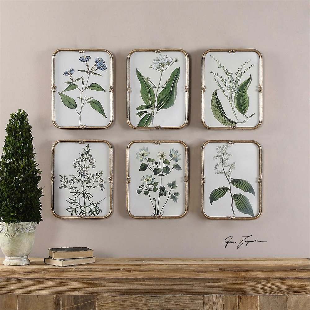 Blue Floral Collection, S/6-13" x 17"- Gold Leaf Finish  Frame with Gray Wash-No mat - Image 1