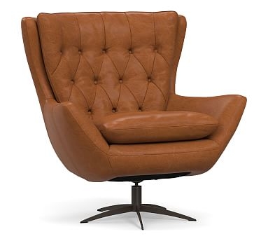 Wells Leather Swivel Armchair with Bronze Base, Polyester Wrapped Cushions, Vintage Caramel - Image 0