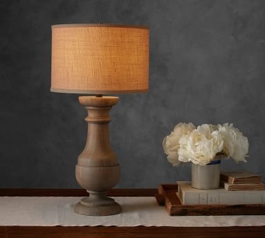 Finn Turned Wood Table Lamp, Wood Base with Medium Straight Sided Linen Drum Shade, Flax Linen - Image 1