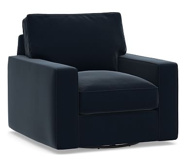 PB Comfort Square Arm Upholstered Swivel Armchair, Box Edge Down Blend Wrapped Cushions, Performance Plush Velvet Navy - Image 0