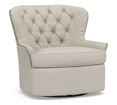 Cardiff Tufted Upholstered Swivel Armchair with Nailheads, Polyester Wrapped Cushions,, Performance Heathered Tweed Pebble - Image 0